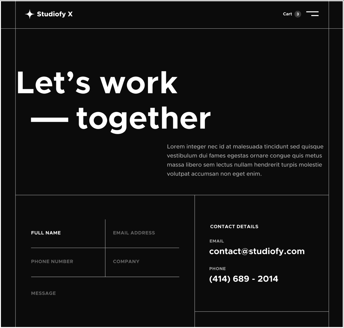 Studiofy X - Contact page - Design Studio Webflow Template