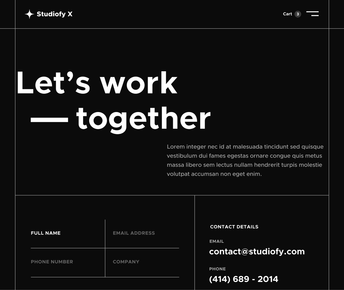 Studiofy X - Contact page - Design Studio Webflow Template